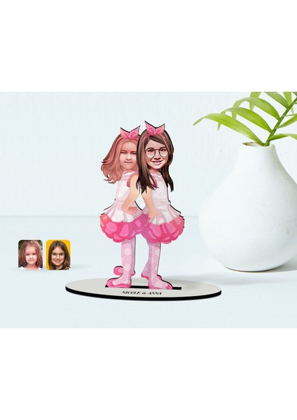 Kişiye Özel Kız Kardeşler Karikatürlü Ahşap Biblo Model-3