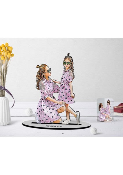 Kişiye Özel Tam Boy Anne Kız Karikatürlü Ahşap Biblo Model-1