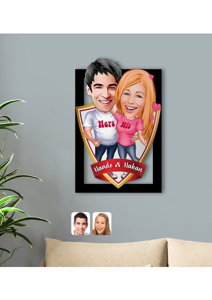 Kişiye Özel Isimli Sevgililer Karikatürlü 3D Ahşap Tablo-5