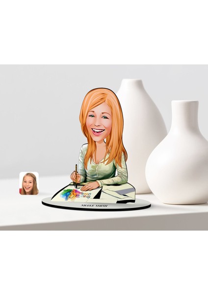 Kişiye Özel Kadın Grafik Tasarımcı Karikatürlü Ahşap Biblo Model-1