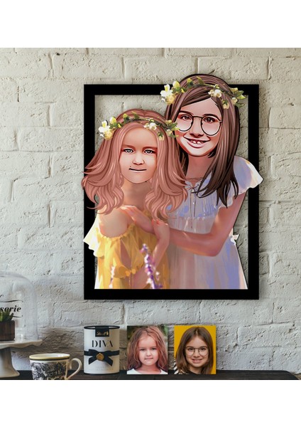 Kişiye Özel Kız Kardeşler Karikatürlü 3D Ahşap Tablo-2
