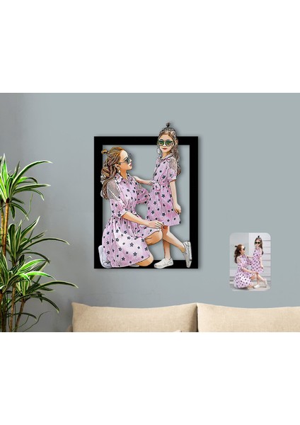 Kişiye Özel Tam Boy Anne ve Kız Karikatürlü 3D Ahşap Tablo-1