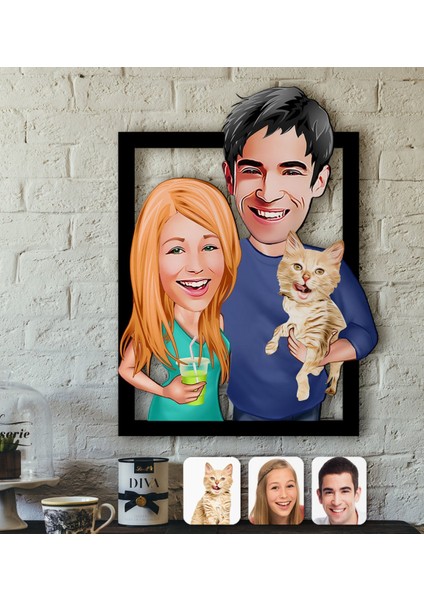 Kişiye Özel Evcil Dost Aile Karikatürlü 3D Ahşap Tablo-8