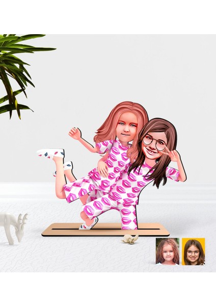 Kişiye Özel Kız Kardeşler Karikatürlü Ahşap Biblo-1