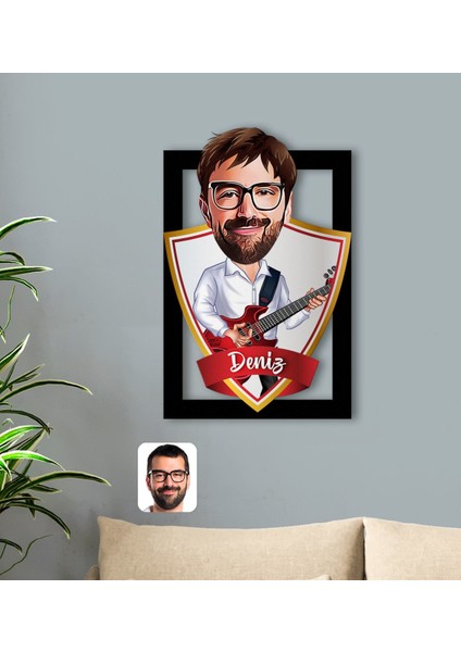 Kişiye Özel Isimli Erkek Gitarist Karikatürlü 3D Ahşap Tablo-2