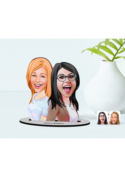 Kişiye Özel Anne Kız Karikatürlü Ahşap Biblo Model-3