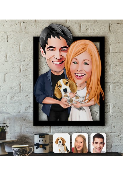 Kişiye Özel Evcil Dost Aile Karikatürlü 3D Ahşap Tablo-6