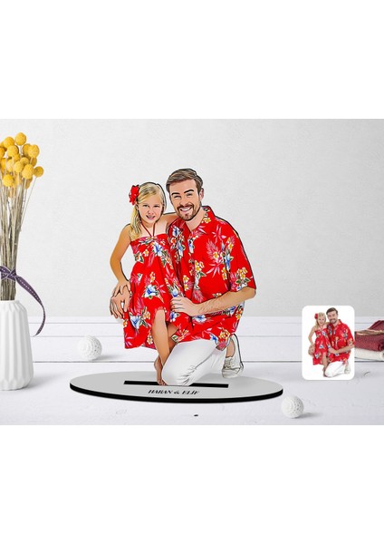 Kişiye Özel Tam Boy Baba Kız Karikatürlü Ahşap Biblo Model-1