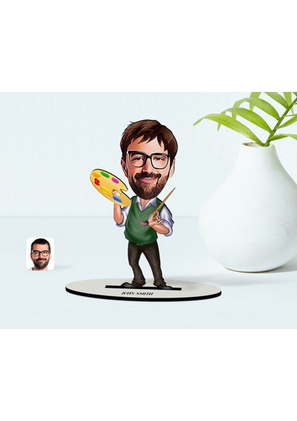 Kişiye Özel Bay Ressam Karikatür Ahşap Biblo - 1