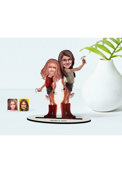 Kişiye Özel Kız Kardeşler Karikatürlü Ahşap Biblo Model-5