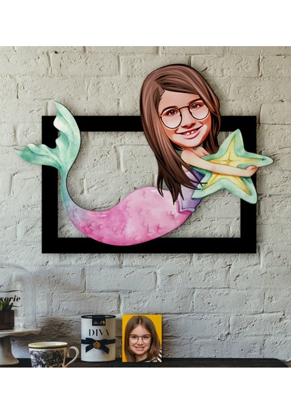 Kişiye Özel Deniz Kızı Karikatürlü 3D Ahşap Tablo-1
