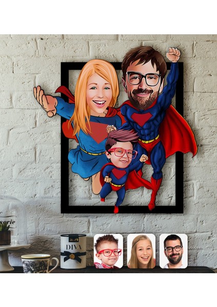 Kişiye Özel Süper Aile Karikatürlü 3D Ahşap Tablo-1
