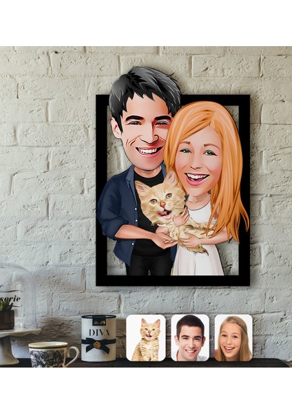 Kişiye Özel Evcil Dost Aile Karikatürlü 3D Ahşap Tablo-9