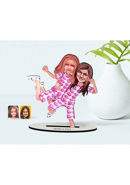 Kişiye Özel Kız Kardeşler Karikatürlü Ahşap Biblo Model-1