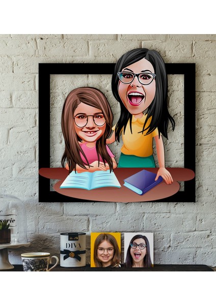 Kişiye Özel Anne-Kız Karikatürlü 3D Ahşap Tablo-1