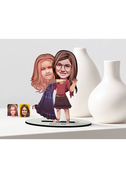 Kişiye Özel Kız Kardeşler Karikatürlü Ahşap Biblo Model-6