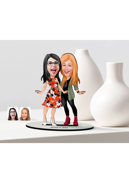 Kişiye Özel Kız Kardeşler Karikatürlü Ahşap Biblo Model-2