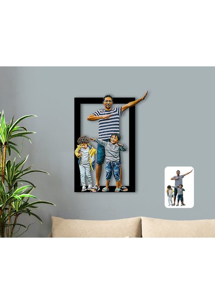Kişiye Özel Tam Boy Baba ve Oğullar Karikatürlü 3D Ahşap Tablo-1