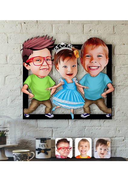 Kişiye Özel 3 Kardeş Karikatürlü 3D Ahşap Tablo-2