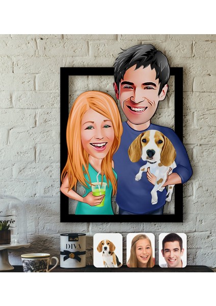 Kişiye Özel Evcil Dost Aile Karikatürlü 3D Ahşap Tablo-7