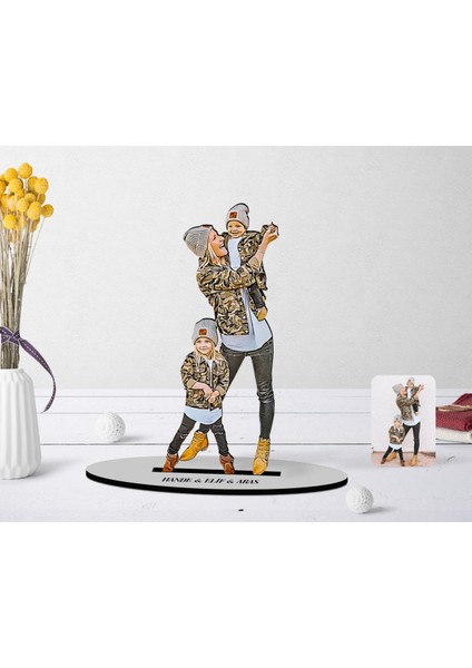 Kişiye Özel Tam Boy Anne Kız Oğul Karikatürlü Ahşap Biblo Model-1