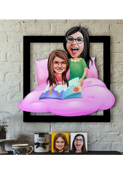 Kişiye Özel Anne-Kız Karikatürlü 3D Ahşap Tablo-3