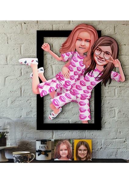 Kişiye Özel Kız Kardeşler Karikatürlü 3D Ahşap Tablo-1