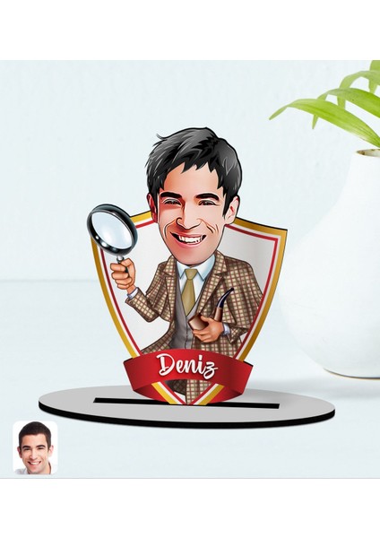 Kişiye Özel Isimli Müfettiş Karikatürlü Ahşap Biblo Model-1