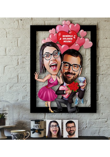 Kişiye Özel Evlilik Teklifi Karikatürlü 3D Ahşap Tablo-2