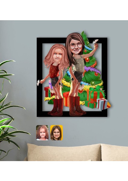 Kişiye Özel Yeni Yıl Kız Kardeşler Karikatürlü 3D Ahşap Tablo-2