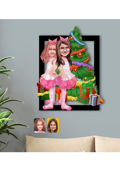 Kişiye Özel Yeni Yıl Kız Kardeşler Karikatürlü 3D Ahşap Tablo-1
