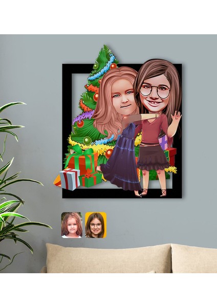 Kişiye Özel Yeni Yıl Kız Kardeşler Karikatürlü 3D Ahşap Tablo-3