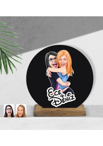 Kişiye Özel Kız Kardeşler Karikatürlü Yuvarlak Ahşap Biblo-10