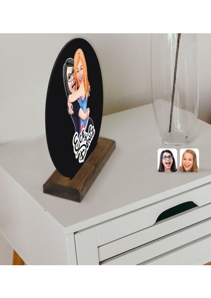 Kişiye Özel Kız Kardeşler Karikatürlü Yuvarlak Ahşap Biblo-10 modelleri