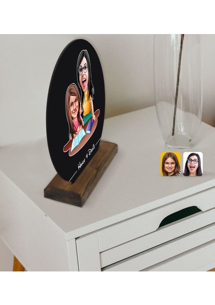 Kişiye Özel Anne Kız Karikatürlü Yuvarlak Ahşap Biblo-1 modelleri