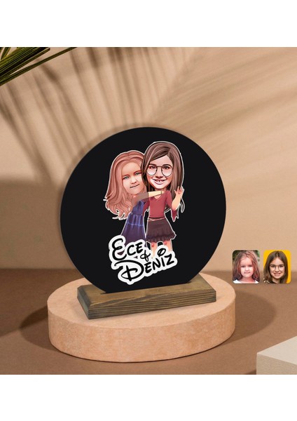 Kişiye Özel Kız Kardeşler Karikatürlü Yuvarlak Ahşap Biblo-6 fiyatları