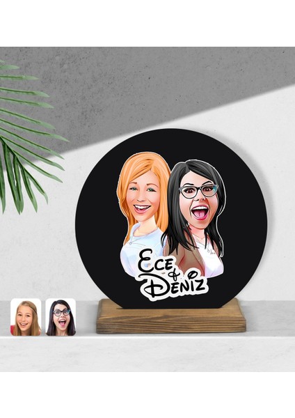 Kişiye Özel Kız Kardeşler Karikatürlü Yuvarlak Ahşap Biblo-11