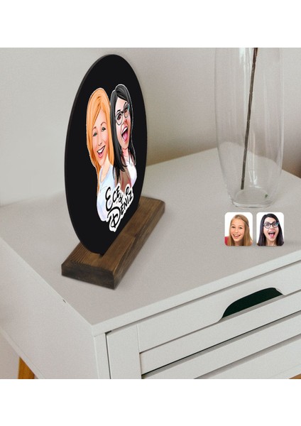 Kişiye Özel Kız Kardeşler Karikatürlü Yuvarlak Ahşap Biblo-11 modelleri