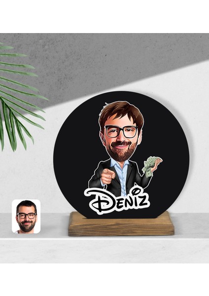 Kişiye Özel Erkek Milyoner Karikatürlü Yuvarlak Ahşap Biblo-1