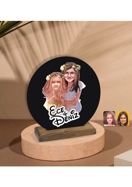 Kişiye Özel Kız Kardeşler Karikatürlü Yuvarlak Ahşap Biblo-2