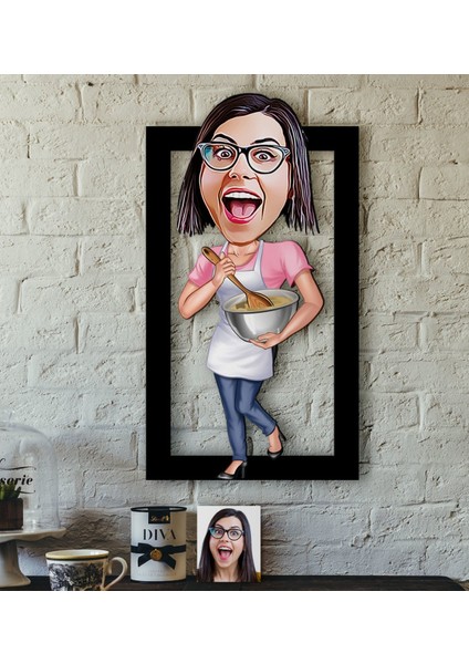 Kişiye Özel Ev Hanımı Karikatürlü 3D Ahşap Tablo-3