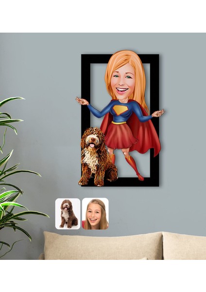 Kişiye Özel Evcil Dost ve Süper Kadın Karikatürlü 3D Ahşap Tablo-11