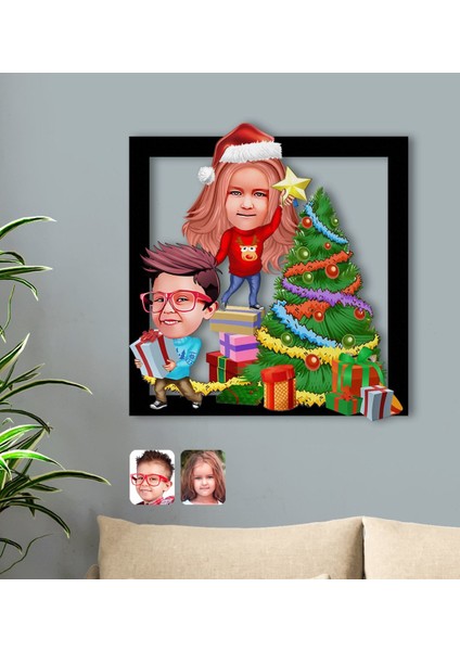 Kişiye Özel Yeni Yıl Kız Kardeş ve Erkek Kardeş Karikatürlü 3D Ahşap Tablo-1