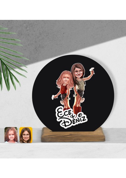 Kişiye Özel Kız Kardeşler Karikatürlü Yuvarlak Ahşap Biblo-5