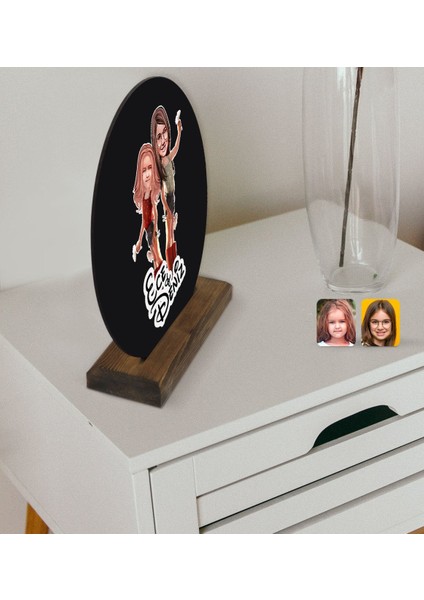 Kişiye Özel Kız Kardeşler Karikatürlü Yuvarlak Ahşap Biblo-5 modelleri