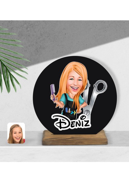 Kişiye Özel Kadın Kuaför Karikatürlü Yuvarlak Ahşap Biblo-1