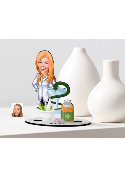 Kişiye Özel Kadın Eczacı Karikatürlü Ahşap Biblo Model-2