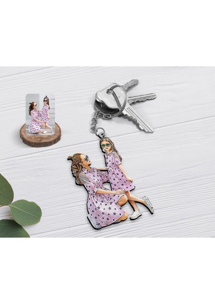 Kişiye Özel Tam Boy Anne ve Kız Karikatürlü Ahşap Anahtarlık-1