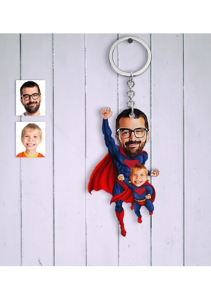 Kişiye Özel Süper Baba Oğul Karikatür Anahtarlık