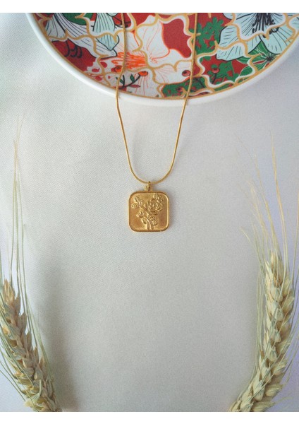 Kadın Gold Paslanmaz Çelik Otantik Vintage Gül Desenli Kolye